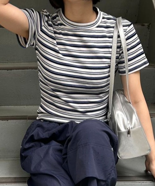 mebole(メボレ)の「リブコンパクトボーダートップス(Tシャツ/カットソー・レディース・ピンク/ネイビー/ホワイト/ブラウン・FREE)」の15枚目の写真