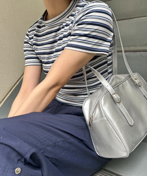 mebole(メボレ)の「リブコンパクトボーダートップス(Tシャツ/カットソー・レディース・ピンク/ネイビー/ホワイト/ブラウン・FREE)」の17枚目の写真