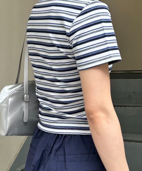 mebole(メボレ)の「リブコンパクトボーダートップス(Tシャツ/カットソー・レディース・ピンク/ネイビー/ホワイト/ブラウン・FREE)」の18枚目の写真