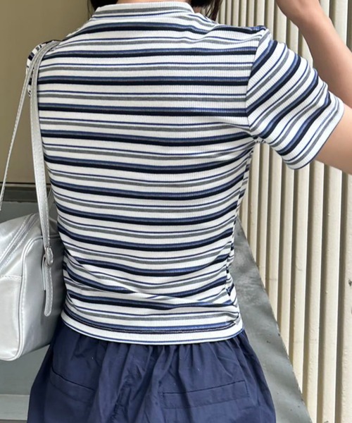 mebole(メボレ)の「リブコンパクトボーダートップス(Tシャツ/カットソー・レディース・ピンク/ネイビー/ホワイト/ブラウン・FREE)」の19枚目の写真