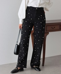 パール付きハイウエストデニムパンツ