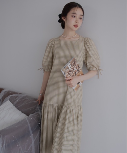 JUMELLE(ジュメロ)の「Plaid check OP【低身長~高身長】(ワンピース・レディース・オレンジ/ベージュ・MEDIUM/SMALL)」の15枚目の写真