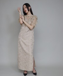 J by blue ジャガードワンピース＋オーガンジーボレロセット ベージュ SALE】日本製 ジャガードワンピース＋オーガンジーボレロセット