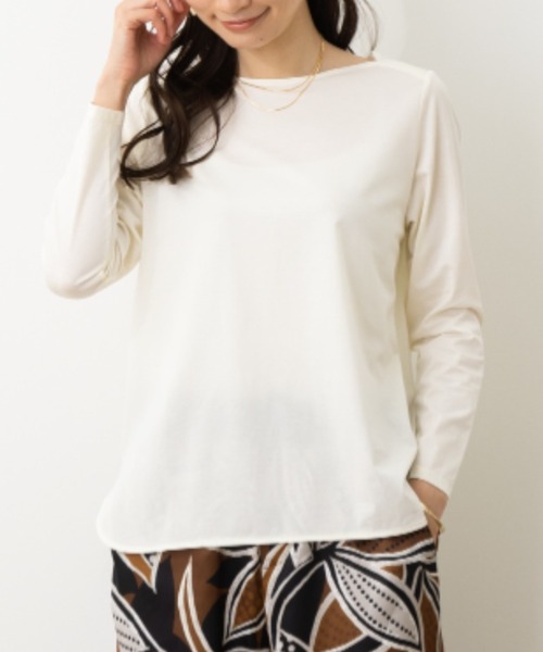aunt lily（アントリリー）の「ギザ綿混天竺ステッチボートネックプルオーバー（Tシャツ/カットソー・レディース・ダークネイビー/ブルーグリーン/ベージュ・M/S/L/LL/3L）」の2枚目の写真