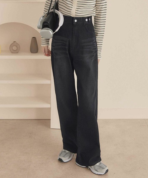 CHAN ME（チャンミ）の「【選べる2丈】ウエストボタンデニムワイドパンツ（デニムパンツ・レディース・インディゴブルー/ブルー/ライトブルー/ブラック/ブラック系その他/ブルー系その他/ブラック系その他2/サックスブルー・X-LARGE/XP/LARGE/LP/MP/SP/MEDIUM/SMALL/SS/X-SMALL）」の2枚目の写真