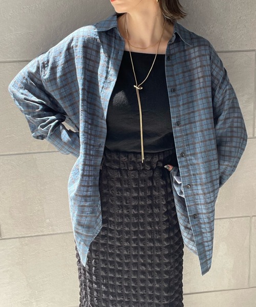 y/m by misato（イムバイミサト）の「シアーサッカーチェックシャツ（シャツ/ブラウス・レディース・ブルー/チャコールグレー・FREE）」の13枚目の写真
