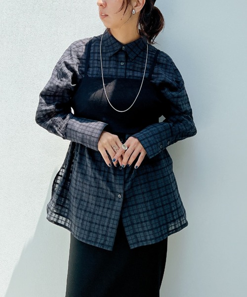 y/m by misato（イムバイミサト）の「シアーサッカーチェックシャツ（シャツ/ブラウス・レディース・ブルー/チャコールグレー・FREE）」の19枚目の写真