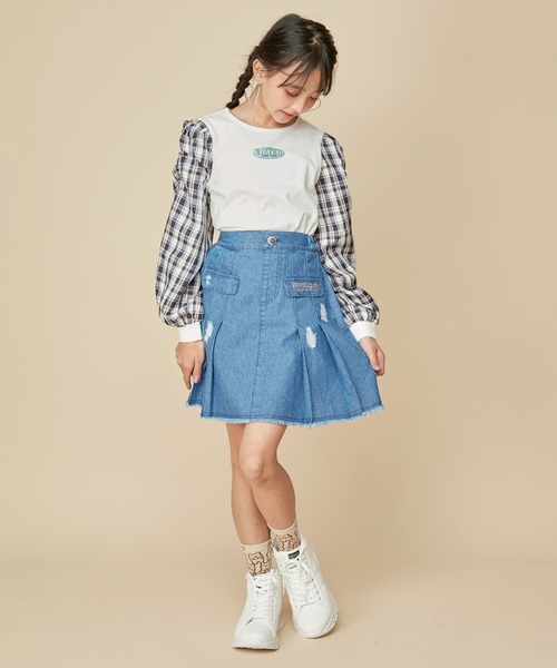 JENNI love（ジェニィラブ）の「【ウエスト調整可能】ダメージデニムプリーツスカート（デニムスカート・キッズ・ネイビー/ブルー・130cm/140cm/160cm/150cm）」の4枚目の写真