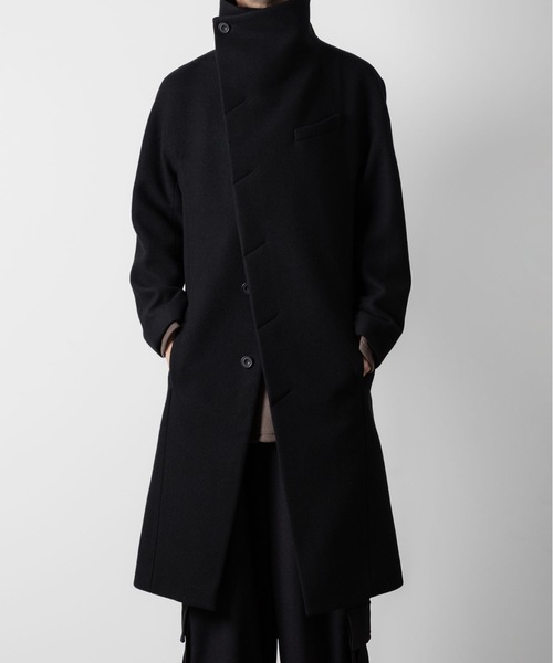 ato アトウ 21AW アシンメトリック ボタンド チェスターコート 44 ENGLAND LAMB MELTON STAND COLLAR COAT（ステンカラーコート