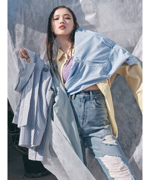 EVRIS（エヴリス）の「SUNNYストライプオーバーサイズシャツ（シャツ/ブラウス・レディース・ホワイト/イエロー/ブルー/グリーン・FREE）」の8枚目の写真