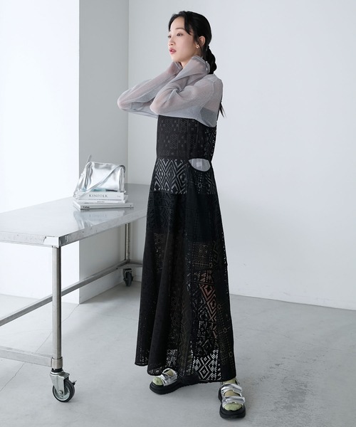 forksy.】レースパッチワークウエストカットキャミワンピース forksy