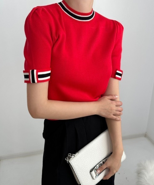 N.s（エヌドットエス）の「配色5分袖ニットトップス（Tシャツ/カットソー・レディース・レッド/ホワイト/ブラック・FREE）」の3枚目の写真