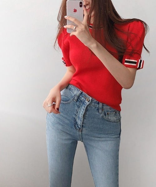 N.s（エヌドットエス）の「配色5分袖ニットトップス（Tシャツ/カットソー・レディース・レッド/ホワイト/ブラック・FREE）」の21枚目の写真