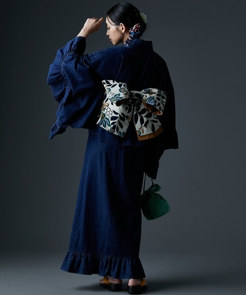 綿100％デニム浴衣(花柄半襟付き)+帯 GEVS. 大きいサイズ＞綿100