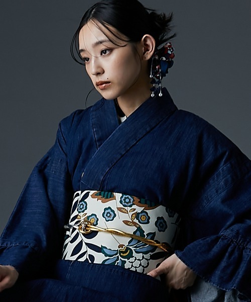 1人で着られる綿100％2WAYデニム浴衣(花柄半襟付き) ＜大きい