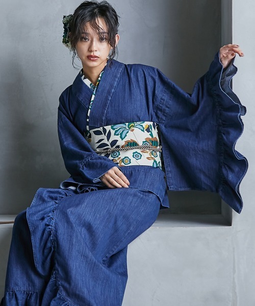 1人で着られる綿100％2WAYデニム浴衣(花柄半襟付き) ＜大きい