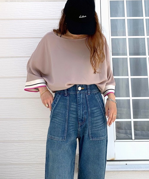 Q(キュー)の「ドルマンリブ5分袖ブラウス(シャツ/ブラウス・レディース・アイボリー/ブラック/ベージュ/カーキ/スモークピンク・MEDIUM)」の3枚目の写真