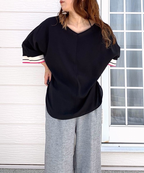 Q(キュー)の「ドルマンリブ5分袖ブラウス(シャツ/ブラウス・レディース・アイボリー/ブラック/ベージュ/カーキ/スモークピンク・MEDIUM)」の17枚目の写真