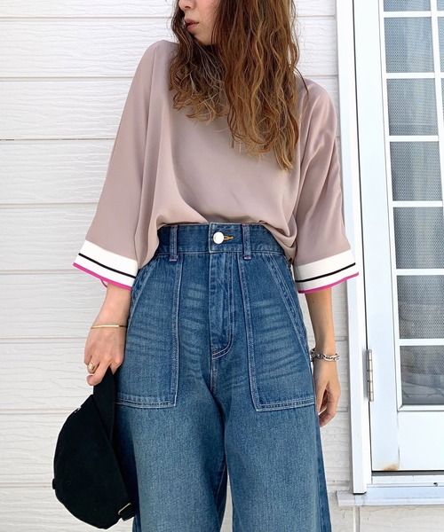 Q(キュー)の「ドルマンリブ5分袖ブラウス(シャツ/ブラウス・レディース・アイボリー/ブラック/ベージュ/カーキ/スモークピンク・MEDIUM)」の10枚目の写真