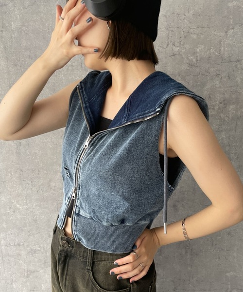 dispark（ディスパーク）の「DISPARK/ヴィンテージウォッシュWジップノースリーブパーカー（パーカー・レディース・ブラック/ブルー系1/杢グレー・FREE）」の3枚目の写真