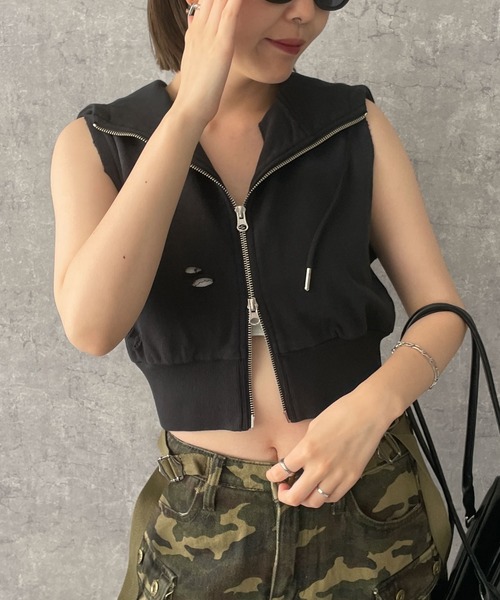 dispark（ディスパーク）の「DISPARK/ヴィンテージウォッシュWジップノースリーブパーカー（パーカー・レディース・ブラック/ブルー系1/杢グレー・FREE）」の7枚目の写真