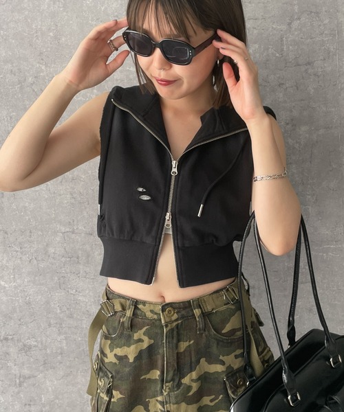 dispark（ディスパーク）の「DISPARK/ヴィンテージウォッシュWジップノースリーブパーカー（パーカー・レディース・ブラック/ブルー系1/杢グレー・FREE）」の8枚目の写真