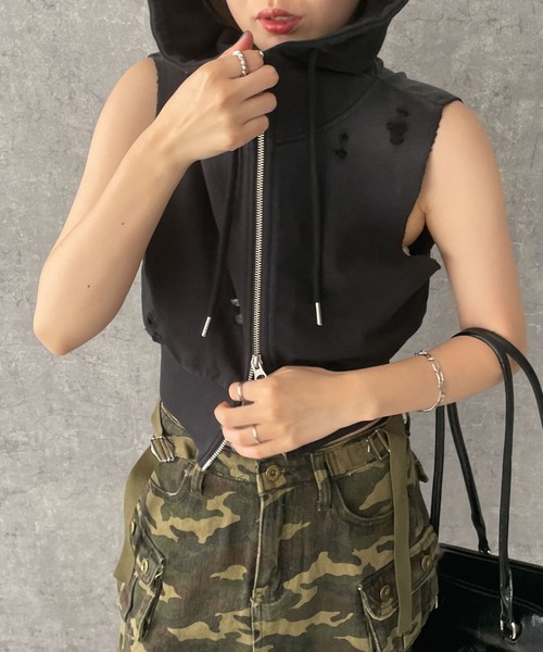 dispark（ディスパーク）の「DISPARK/ヴィンテージウォッシュWジップノースリーブパーカー（パーカー・レディース・ブラック/ブルー系1/杢グレー・FREE）」の9枚目の写真