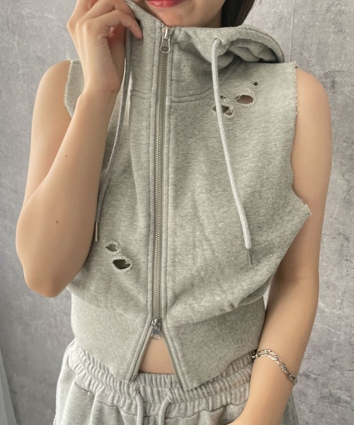 dispark（ディスパーク）の「DISPARK/ヴィンテージウォッシュWジップノースリーブパーカー（パーカー・レディース・ブラック/ブルー系1/杢グレー・FREE）」の13枚目の写真