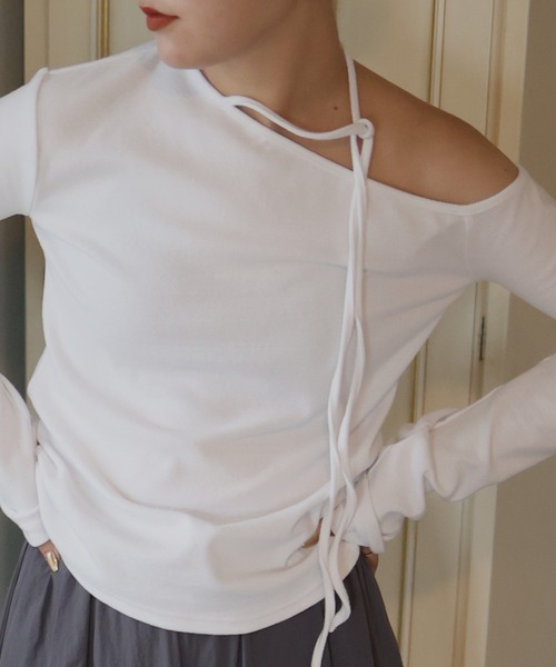 Mili affinity（ミリアフィニティー）の「ストラップチョーカーリボンワンショルダーTシャツ（Tシャツ/カットソー・レディース・ブラック/オフホワイト/チャコール・FREE）」の9枚目の写真