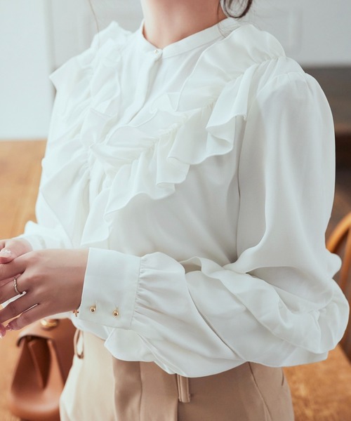 エストネーション 絶品 女っぷり フリル バンドカラー シャツ ブラウス 白 エストネーション 絶品 女っぷり フリル バンドカラー シャツ