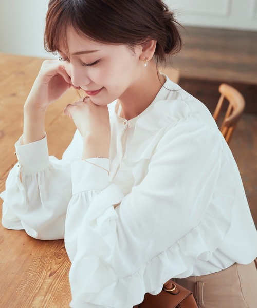 エストネーション 絶品 女っぷり フリル バンドカラー シャツ ブラウス 白 ESTNATION（エストネーション）の「ESTNATION / シアーフリル