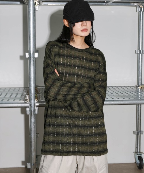 セール】[UNISEX] ダメージダンガリーワイドウォーマーニット
