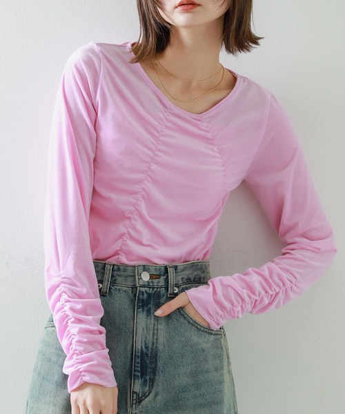 SENSE OF PLACE by URBAN RESEARCH（センスオブプレイスバイアーバンリサーチ）の「シアーベロアTシャツ（Tシャツ/カットソー・レディース・ピンク/ベージュ/ネイビー/チャコールグレー・ONE）」の4枚目の写真