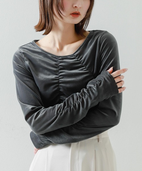 SENSE OF PLACE by URBAN RESEARCH（センスオブプレイスバイアーバンリサーチ）の「シアーベロアTシャツ（Tシャツ/カットソー・レディース・ピンク/ベージュ/ネイビー/チャコールグレー・ONE）」の2枚目の写真