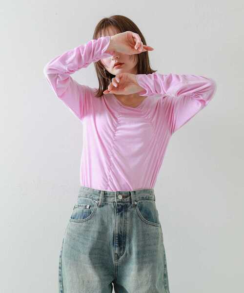 SENSE OF PLACE by URBAN RESEARCH（センスオブプレイスバイアーバンリサーチ）の「シアーベロアTシャツ（Tシャツ/カットソー・レディース・ピンク/ベージュ/ネイビー/チャコールグレー・ONE）」の11枚目の写真