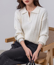 長袖 もちっと柔らか ケーブル×リブ編み スキッパー ポロニット セーター レディース