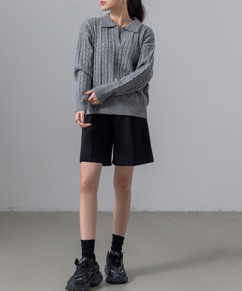 DAY CLOSET（デイ クローゼット）の「長袖 もちっと柔らか ケーブル×リブ編み スキッパー ポロニット セーター レディース（ニット/セーター・レディース・ホワイト/レッド/グレー・M/L）」の16枚目の写真