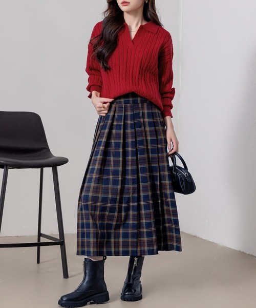 レディース 長袖もちっと柔らかケーブル×リブ編みスキッパーポロニット