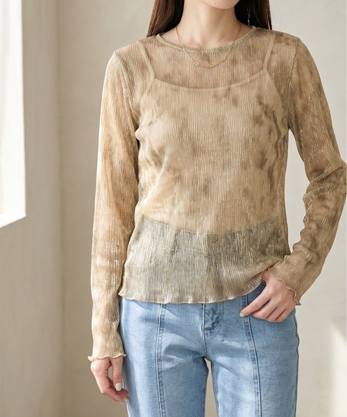 Per sist ence(パーシエンス)の「シアーラメニュアンスカラークルーネックプルオーバー(Tシャツ/カットソー・レディース・ブラック/ベージュ/ブラウン/グリーン・FREE)」の1枚目の写真