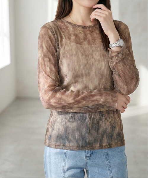 Per sist ence(パーシエンス)の「シアーラメニュアンスカラークルーネックプルオーバー(Tシャツ/カットソー・レディース・ブラック/ベージュ/ブラウン/グリーン・FREE)」の3枚目の写真