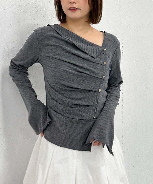 セール】アシメタックボタンカットTOPS（Tシャツ/カットソー