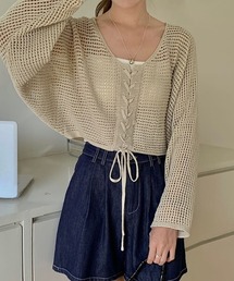 COCOMOMO（ココモモ）の「【5色展開】 レースアップ メッシュニット 透かし編み 長袖トップス ショート丈（ニット/セーター）」