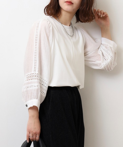 EGLANTINE(エグランティーヌ)の「EGLANTINE 袖レース 素材切り替え 長袖カットソー(Tシャツ/カットソー・レディース・ネイビー/ベージュ/オフホワイト・40)」の6枚目の写真