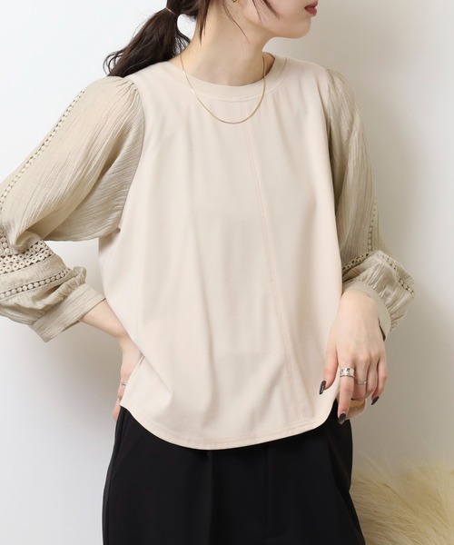 EGLANTINE(エグランティーヌ)の「EGLANTINE 袖レース 素材切り替え 長袖カットソー(Tシャツ/カットソー・レディース・ネイビー/ベージュ/オフホワイト・40)」の10枚目の写真