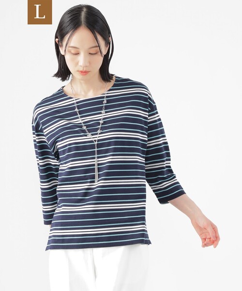 TRANS WORK(トランスワーク)の「【L】【ウォッシャブル】ジャカードボーダーシルケット プルオーバー(Tシャツ/カットソー・レディース・ブルー系その他4/オフホワイト/ネイビー・46/44)」の3枚目の写真
