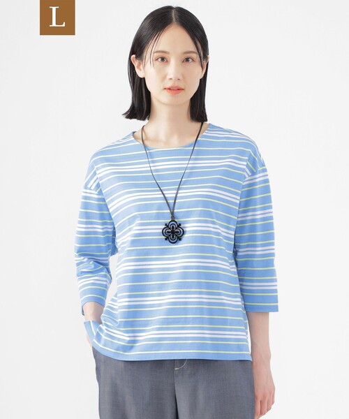 TRANS WORK(トランスワーク)の「【L】【ウォッシャブル】ジャカードボーダーシルケット プルオーバー(Tシャツ/カットソー・レディース・ブルー系その他4/オフホワイト/ネイビー・46/44)」の1枚目の写真