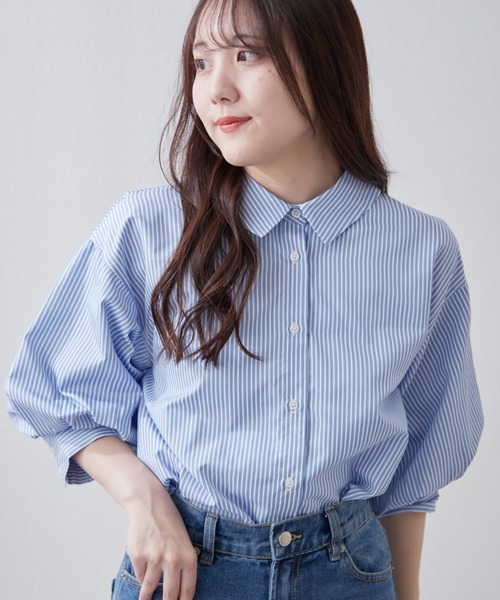 Remind me and forever(リマインドミーアンドフォーエバー)の「【大好評!新色追加!】後ろレースアップボリューム袖ブラウス(シャツ/ブラウス・レディース・ブルー/オフホワイト/その他1/その他2/ネイビー/ミント/ベージュ・FREE)」の7枚目の写真