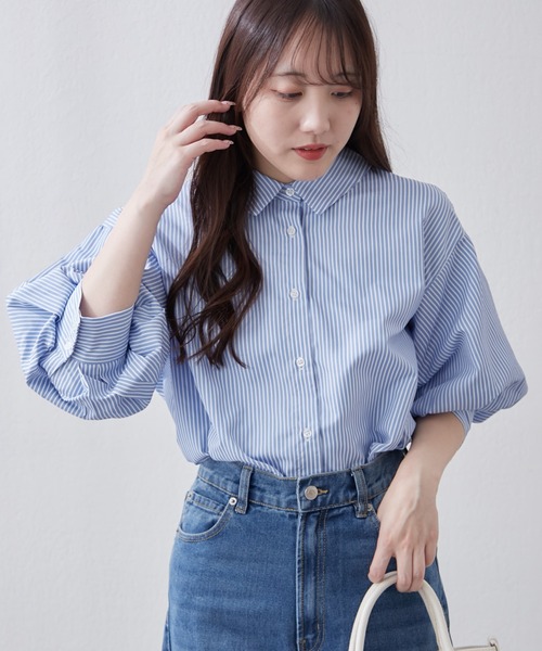 Remind me and forever(リマインドミーアンドフォーエバー)の「【大好評!新色追加!】後ろレースアップボリューム袖ブラウス(シャツ/ブラウス・レディース・ブルー/オフホワイト/その他1/その他2/ネイビー/ミント/ベージュ・FREE)」の19枚目の写真