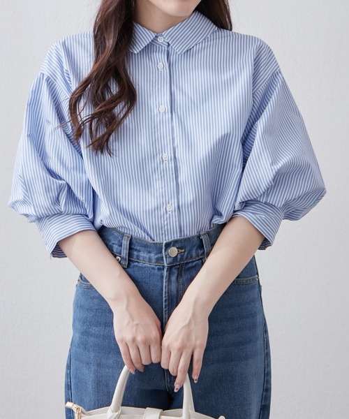 Remind me and forever(リマインドミーアンドフォーエバー)の「【大好評!新色追加!】後ろレースアップボリューム袖ブラウス(シャツ/ブラウス・レディース・ブルー/オフホワイト/その他1/その他2/ネイビー/ミント/ベージュ・FREE)」の17枚目の写真