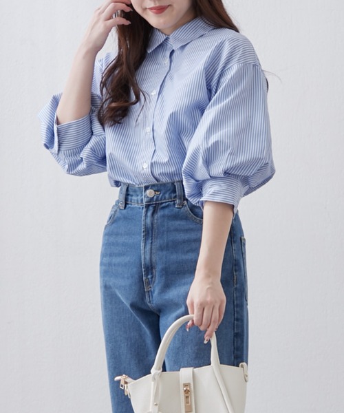 Remind me and forever(リマインドミーアンドフォーエバー)の「【大好評!新色追加!】後ろレースアップボリューム袖ブラウス(シャツ/ブラウス・レディース・ブルー/オフホワイト/その他1/その他2/ネイビー/ミント/ベージュ・FREE)」の18枚目の写真